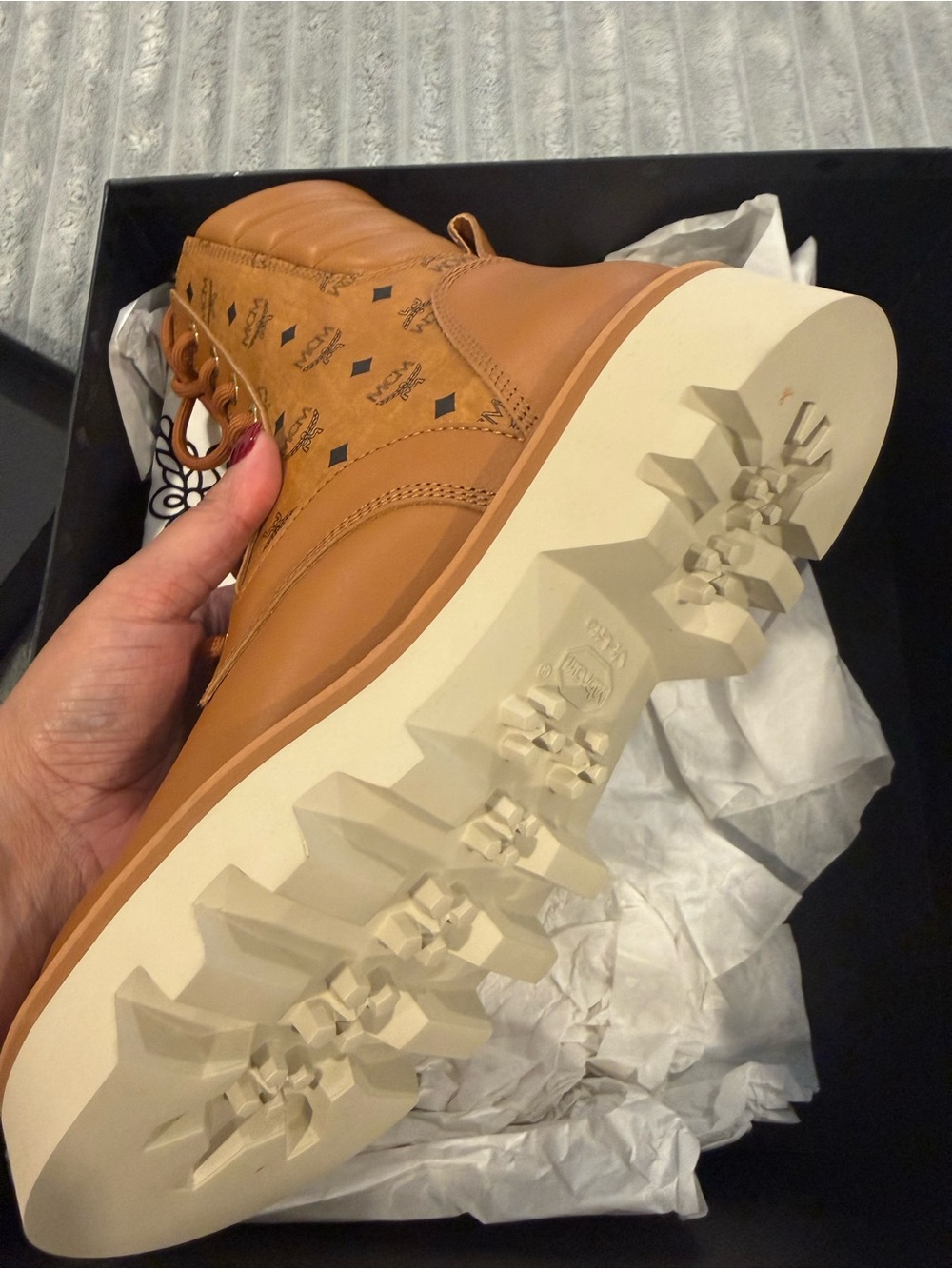 **Brand New** MCM Cognac Monogram Lace-Up Lug Boots with Cream Sole. - Picture 7 of 7